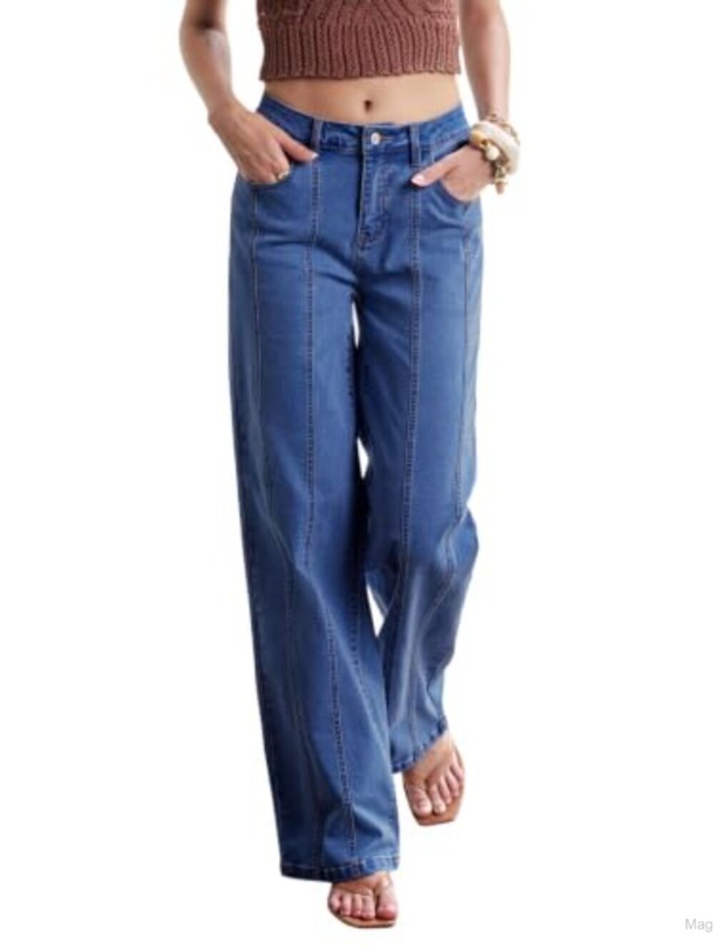 High Waisted Wide Leg Stretchy Jeans with Contrast Panel Seams